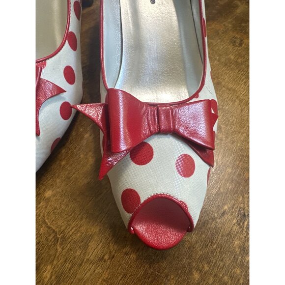 Red White Polka Dot Leather Peep Toe 2.5in Heels Bellini Bow  7 Retro Coquette - Picture 7 of 14